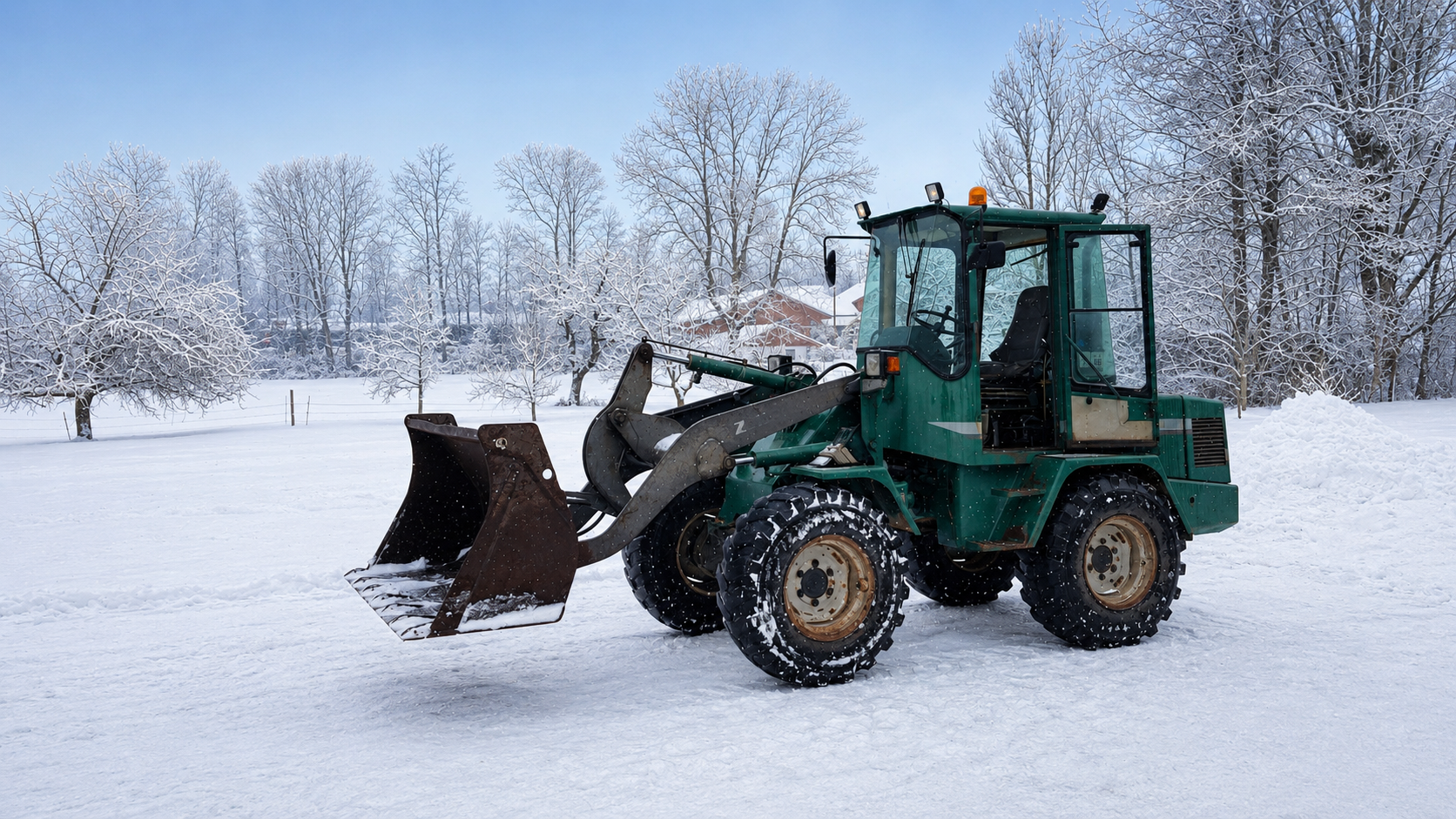 Radlader mit Räumschild im Schnee vor verschneiter Landschaft