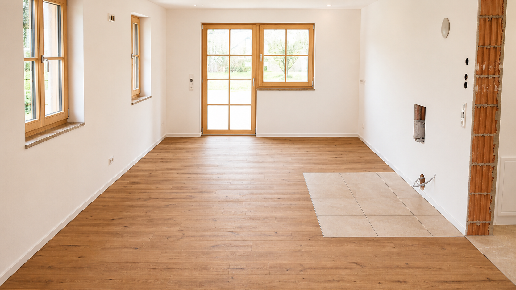 Fertig verlegter Landhausdielen-Boden mit Fliesenbereich